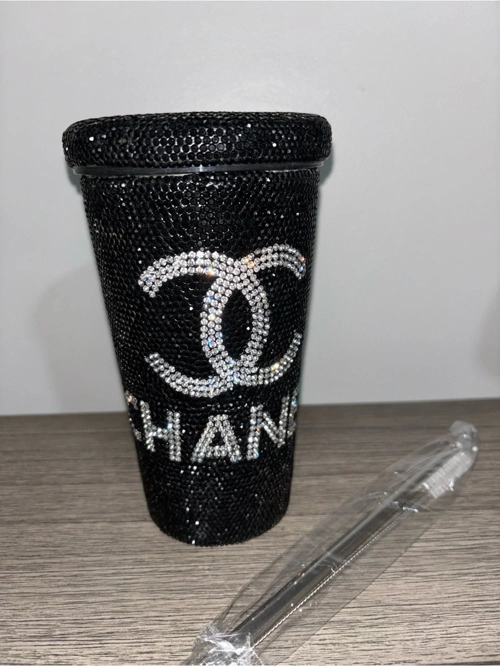 Custom Made Black Crystal Logo Tumbler with Straw